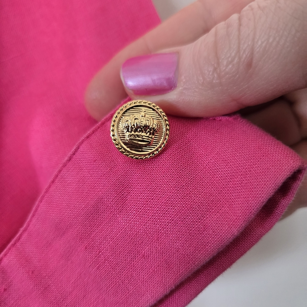 Bright Pink Gold Crown Button Blouse 80s Vintage Ramie Cotton Blend. Cuff Sleeve - Picture 4 of 7